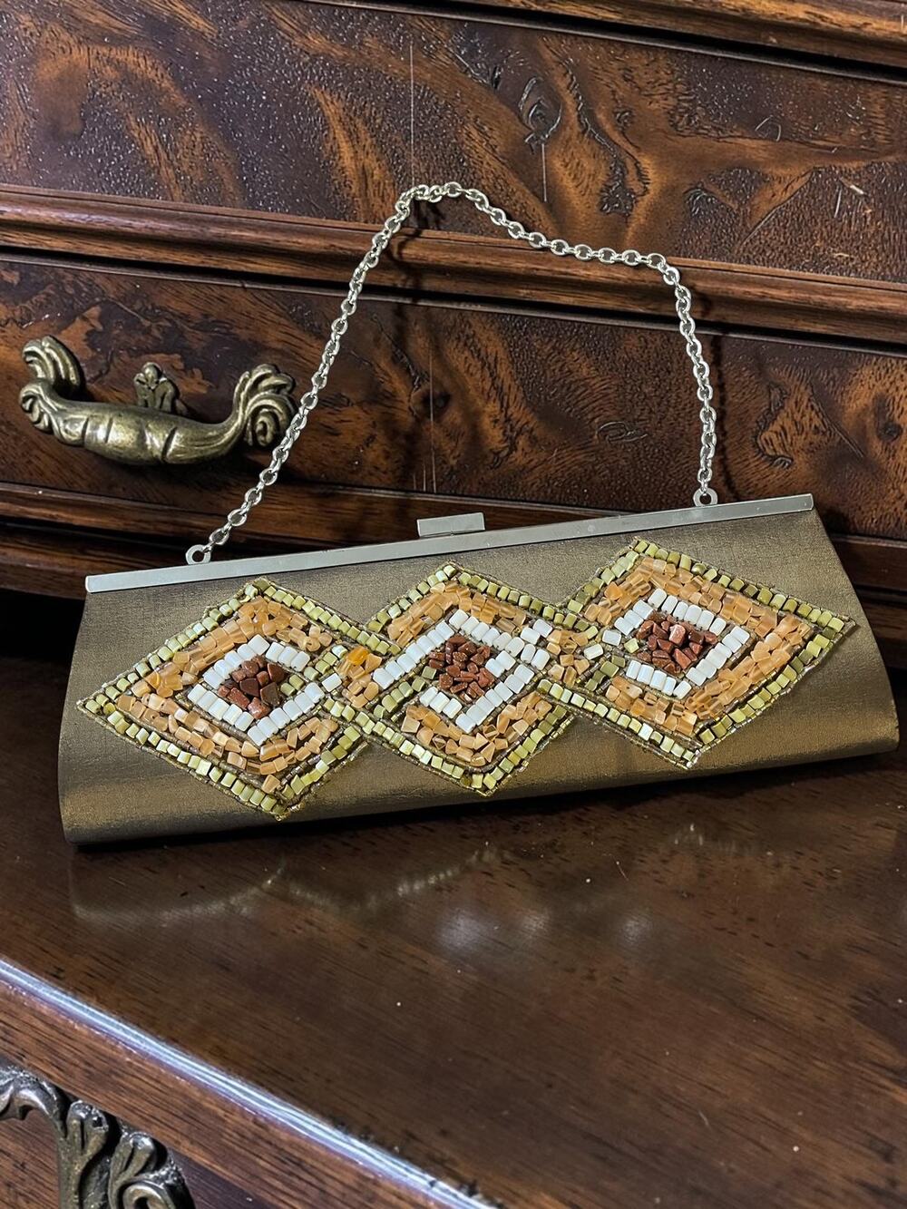 Silver Brown Tile beaded Purse Clutch Sun Stone Vintage Chain Handle Evening Bag